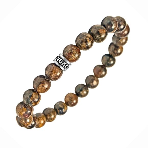 NOV9M®️ 925 Sterling Silver Bronzite Beads Men’s Stretch Bracelet - Picture 2 of 5